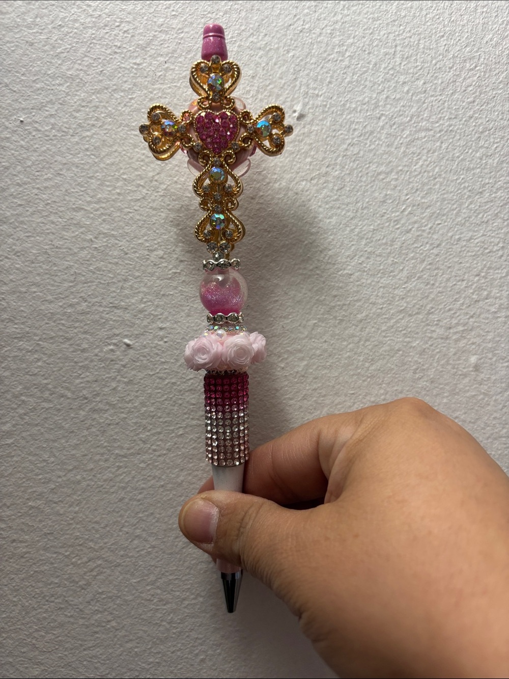 Pink Crystal Cross Decorative Ballpoint Pen - Women's Accessory